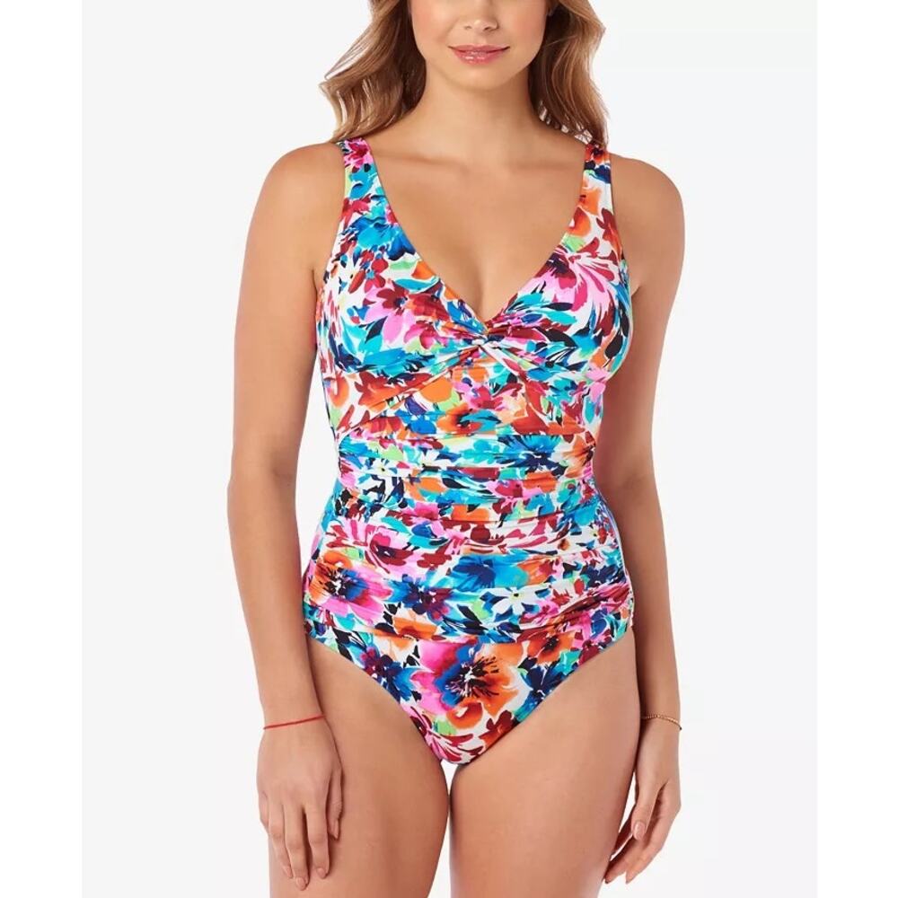 Swim Solutions Twist Bodice Allover Slimming One-Piece Swimsuit Size 12 Floral